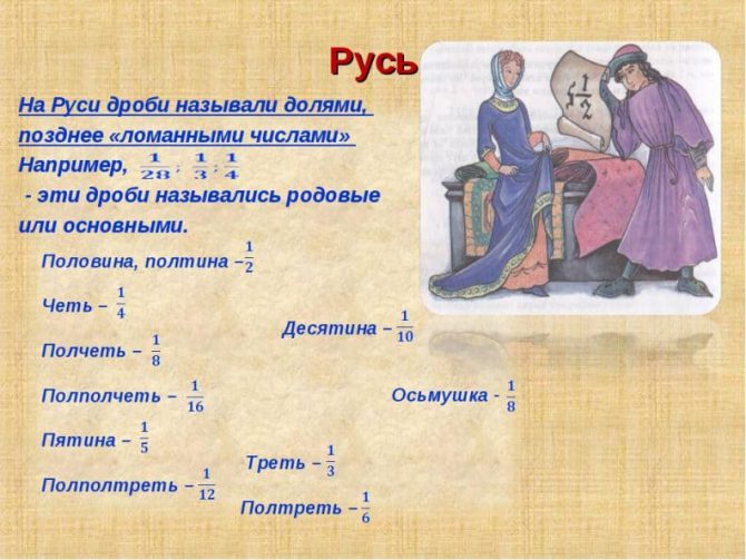 Разработка урока по алгебре в 9 классе: В русском языке есть старинные названия дробей.